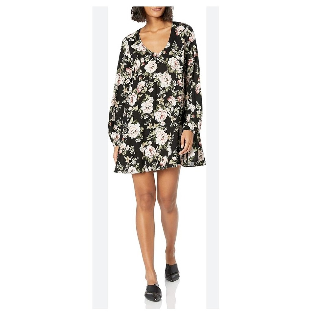 Show Me Your Mumu Donnie Mini Dress Women's Medium Black Floral Long Bell Sleeve